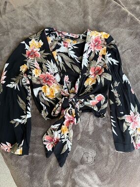 Volcom Black Floral Tie-Front Crop Top with Pink & Yellow Flowers